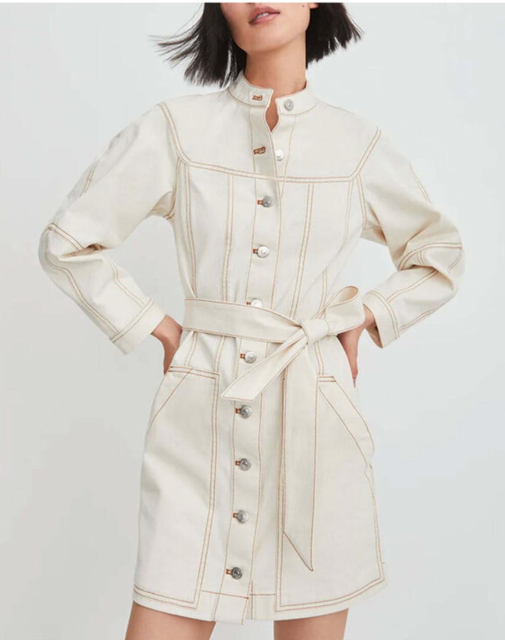 Veronica Beard Denim Mini Dress Women 2 Ecru Basia Button Front Long Sleeve $428